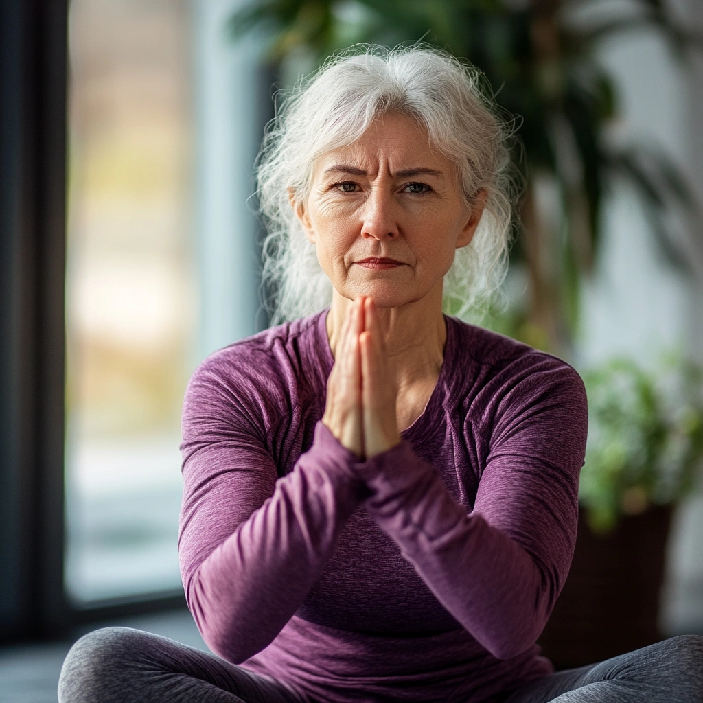 Пенсіонерка виконує вправи на розтяжку